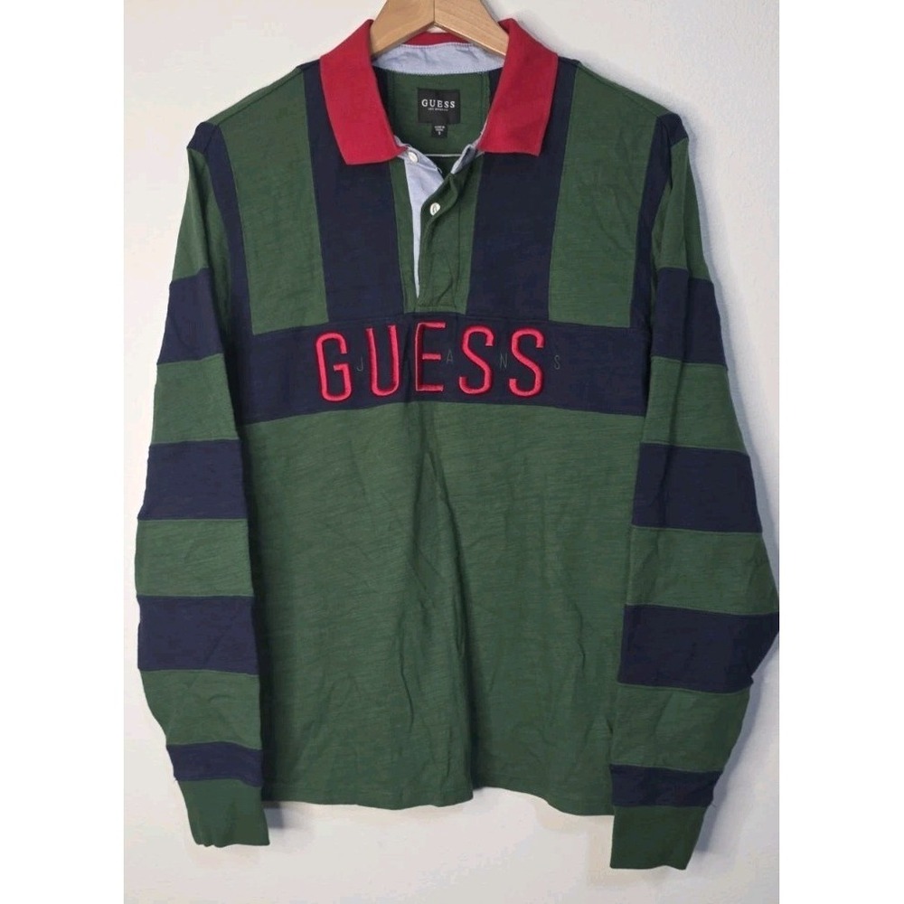 Guess Polo Rugby Prep Shirt Men S Green Navy Colorblock Striped Long Sleeve Y2K‎